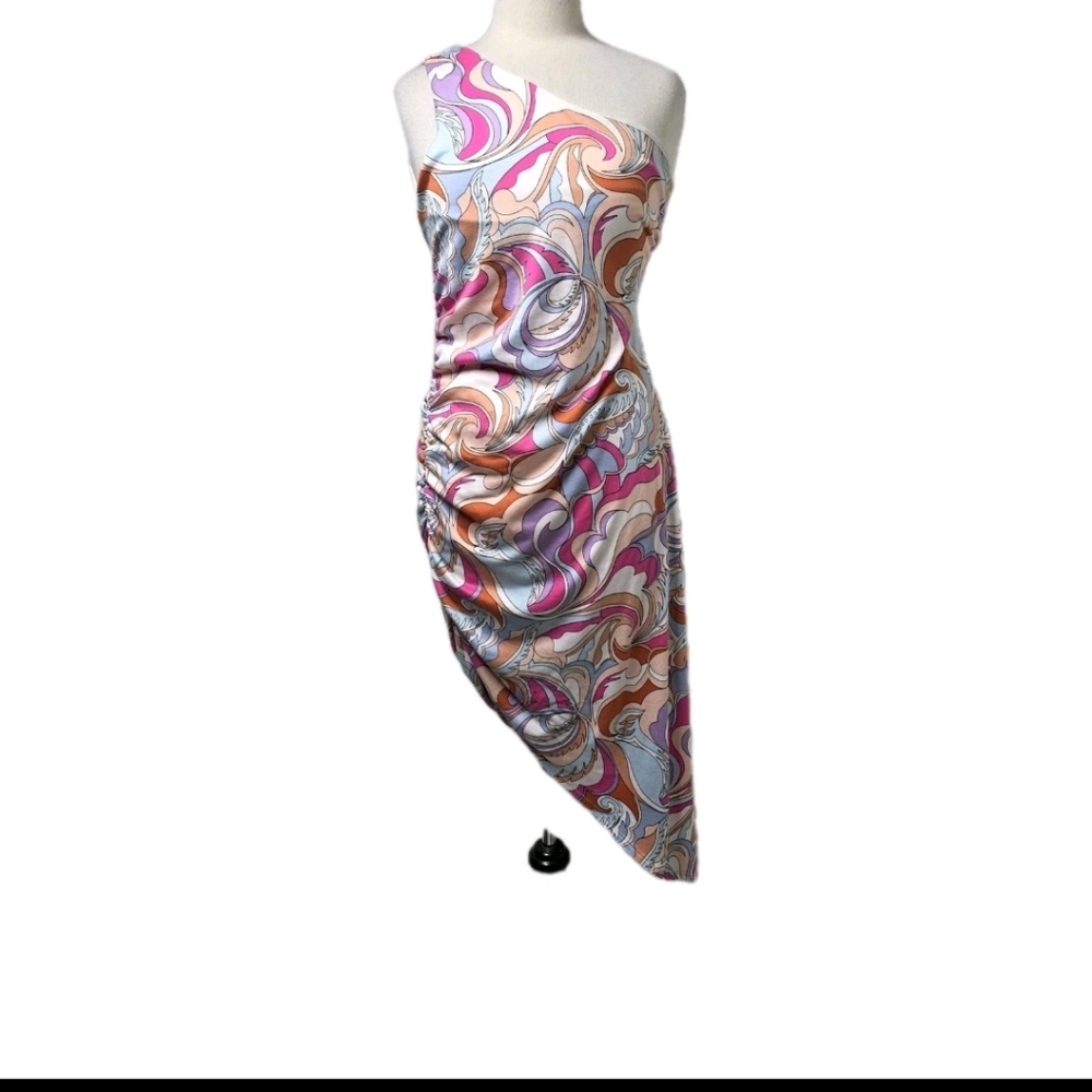 entro One-Shoulder Swirl Print Dress in Pink, Orange, Cream